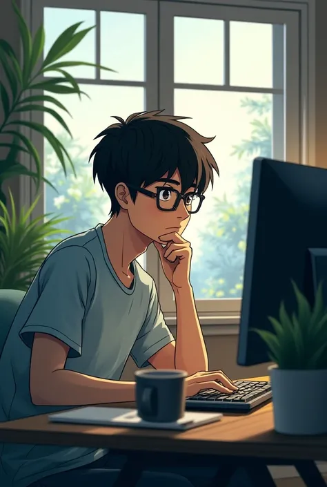 A guy with glasses looking at his computer at his desk with a window next to it please do it manga style 