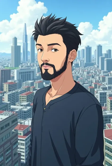  Here is a prompt to paste on the image generation AI：

「30-year-old male、Has a thin beard 、 EXILEs short ATSUSHI-style hair with side cropped 。in casual fashion、 with an urban landscape spreading out in the background 。」Illustrated images