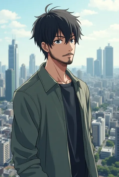  Here is a prompt to paste on the image generation AI：

「30-year-old male、Has a thin beard 、 EXILEs short ATSUSHI-style hair with side cropped 。in casual fashion、 with an urban landscape spreading out in the background 。」Illustrated images