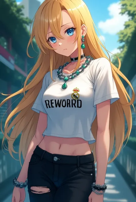  Create a female anime character, with 1,70 tall,  long blond hair with dark blue tips, light blue eye color,  diamond pressure earrings ,  emerald chain around the neck , Real Madrid short blouse ,  comfortable and torn black pants .  In the background I ...