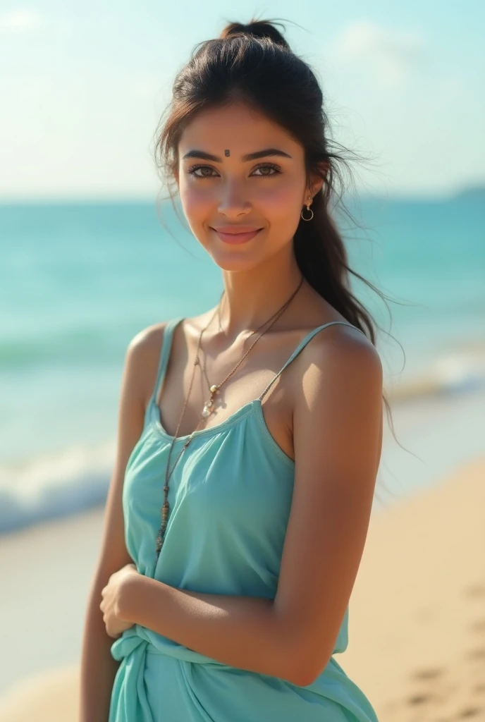 indian girl,  honey eyes with dark brown hair,  very long hair ,  smiling, cuerpo completo,  calm look,  hairstyle with ponytail. standing,  looking at the camera , made up, dressed casually, pastel blue sari, Fresh clothes,  small accessories , background...