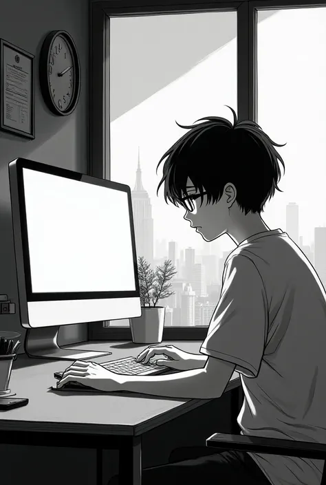 A boy with lenses looking at his computer at his desk with a window on the side, please do it manga style but without color, manga type and must be a boy of approximately 25 years old.