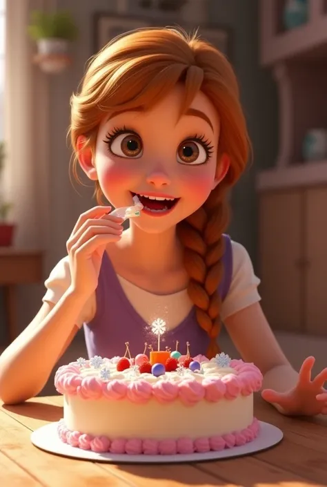 Ana from the movie Frozen happy a cake 