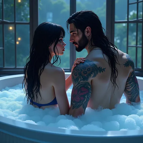  MAN ,,  THE LIGHTING IS SOFT BLUE ,  where there is a JACUZZI FULL OF FOAM ,  A WOMAN IS INSIDE THE HOT TUB WITH A HOT TUB WITH A HOT TUB .  she holds her shadows from behind ,  WHILE HE STARES INTENTLY AT THE WALL .  IN HARMONY WITH FRIENDS , THEY ARE BE...