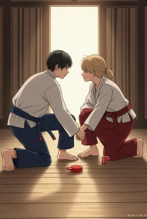 A member of the couple is responsible for defending the object that is on the ground next door, They are on the floor preventing the opponent from taking it in judo to use anime
