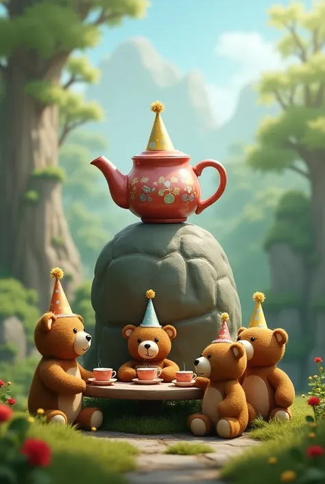  The Rock with a tiny teapot serving tea to teddy bears, wearing a party hat .