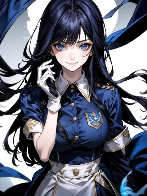 ado, 1girl, black hair, blue eyes, long hair, collared shirt, uniform, bangs, gloves, blue flower, smiling, evil, mature, breasts,
