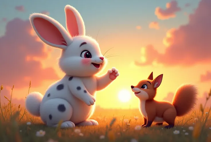 the rabbit,  white with gray spots , Now smile ,  with an expression of inspiration .  He raises a paw ,  calling the fox and the squirrel .  The background shows the sky beginning to be colored with shades of orange and pink at sunset.  The fox tilts its ...