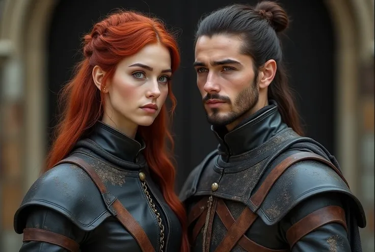 A young couple in the Middle Ages: young man, 18 years young,  soft facial features, Mens bun , without beard,  dark medieval clothing , in worn leather armor , serious facial features  steht neben einer einer jungen indische Frau, 18 years young, flat nos...