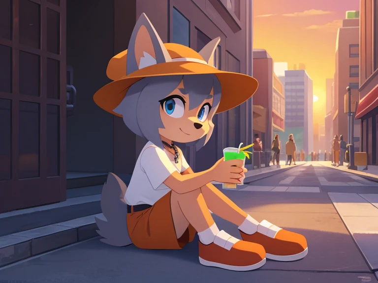 Girl, gray dog, bright hair, blue eyes, big ears, small tail, uniform, white shirt, picture of Ben Tal, short black, orange shoes, green hat, wearing a chain, crown, freshness, sun, background, city streets, high quality, sunrise, masterpiece, sitting on a...