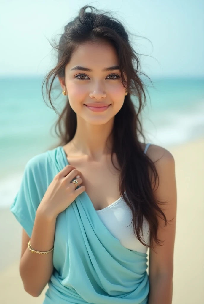 indian girl,  honey eyes with dark brown hair,  very long hair ,  smiling, cuerpo completo,  calm look,  hairstyle with ponytail. standing,  looking at the camera , made up, dressed casually, pastel blue sari, Fresh clothes,  small accessories , background...