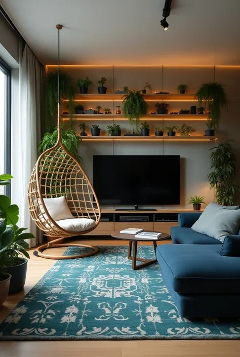  This modern living room presents a contemporary style with natural touches ,  bringing a combination of elements that provide warmth and elegance .  The burnt cement wall serves as a background for the TV , } complemented by shelves in light wood and a me...