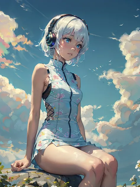 (masterpiece), (Artwork),, (Fine grain), (Delicate skin), (異色の目をしている), ( multicolor ), (Short white hair with bangs), (Sparkling Eyes), ( 1 girl )  with unique eyes ,  best illustration {x} sitting on white clouds in the sky:1.4, masterpiece,  Best Quality...