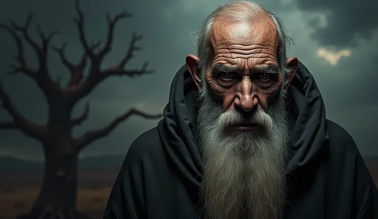  Create an impactful image of Methuselah from the Bible .  Your face must be extremely frightening ,  with many deep wrinkles and expressions of wisdom and pain .  The background must be dark and menacing ,  with an emphasis on shadows and ancient elements...