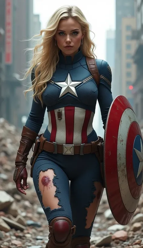 MARVEL､ Captain America ､美female､female､Big Breasts､tits､Blonde､He has a physical wound ､ Captain America の衣装､((The costume is boldly torn))､ Captain America の盾を持っている､ near-future New York ､Heaps of rubble from war ､ A destroyed city 