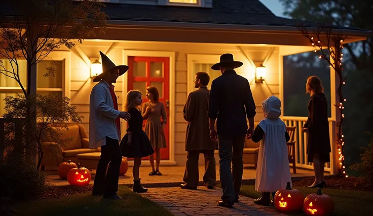 "Photorealistic high-quality color photograph capturing a 1960s Halloween celebration. People are dressed in classic 1960s Halloween costumes such as witches, ghosts, and monsters, with authentic vintage clothing styles, including bell-bottoms, shift dress...