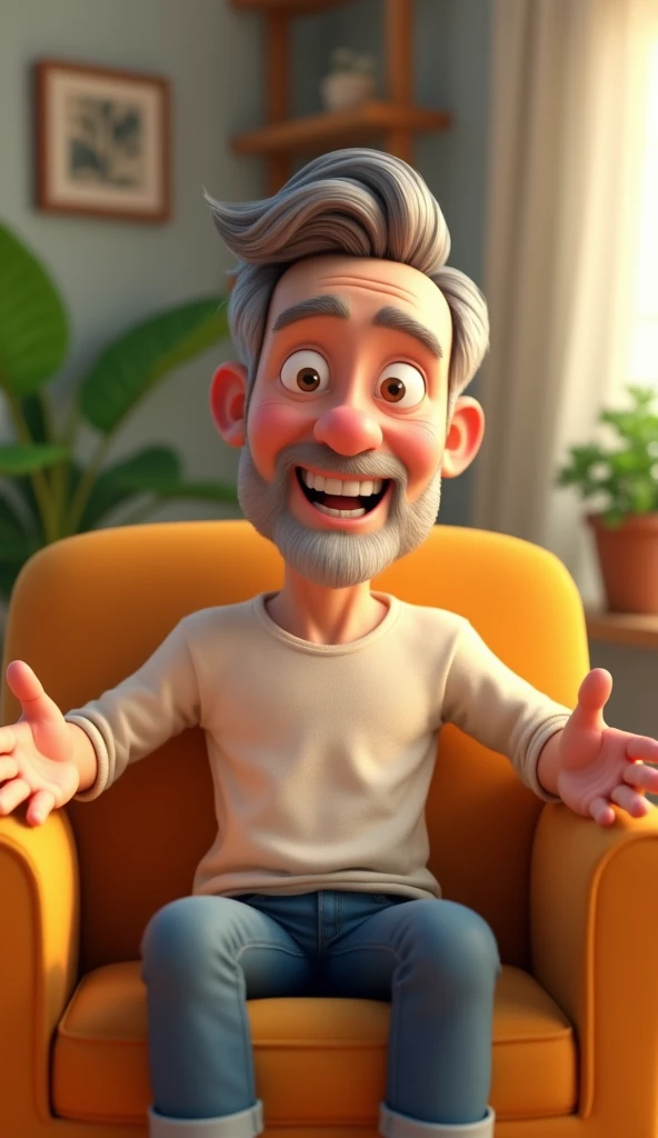  An animated middle-aged man in 3D style , sitting on a comfortable sofa,  speaking directly to the camera with a friendly smile. The setting is welcoming ,  with vibrant colors and friendly decor elements , like plants.  He gestures in a relaxed manner , ...