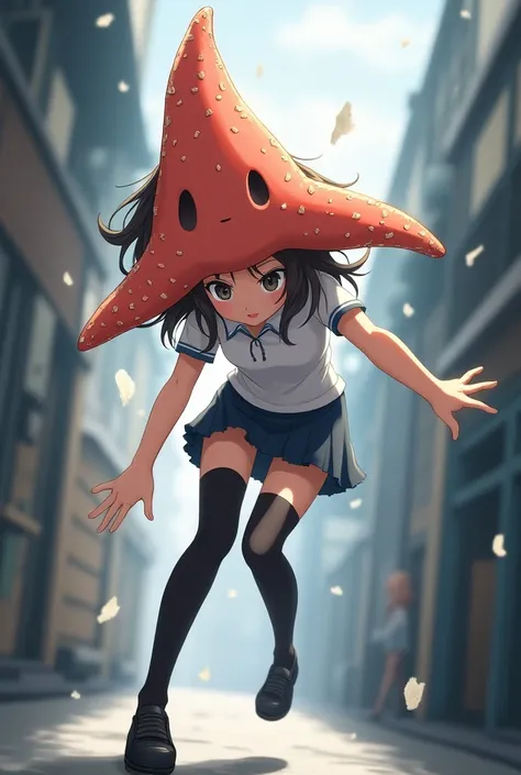 girl, anime, long stockings that reach the thigh (schooles), Polo sends short  (school),  a large starfish replaces your head,  his girls hands are in a position to grab something ( that thing hes holding you cant see ), your arms are extended downward