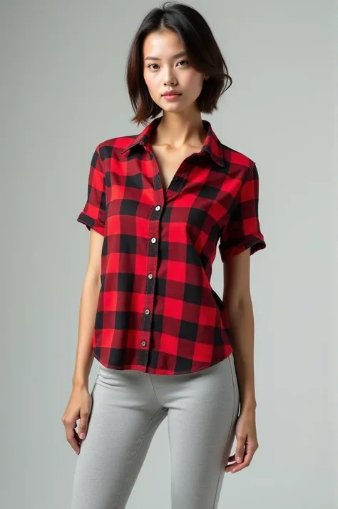 Woman with short sleeve flannel single color red and light gray lycra pants ,  full body image 