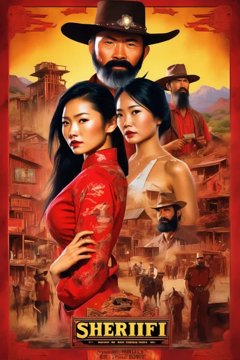 a movie poster of a collage of a 40 yo sheriff, a beautiful 22 yo radiant chinese girl in a vibrant red qipao, a 60 yo mixed ind...