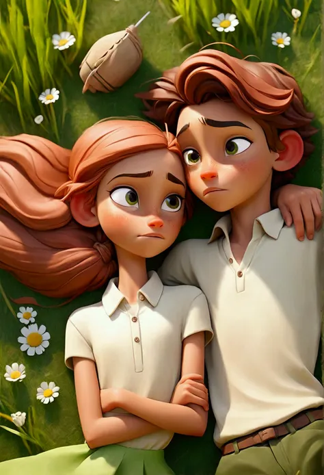  Make an image of a boy and a girl ,  both lying on the grass on their backs .  the boy has a tan complexion and green eyes ,  the girl has a white complexion and brown eyes, with brown hair, both are in love . Let them be teenagers 