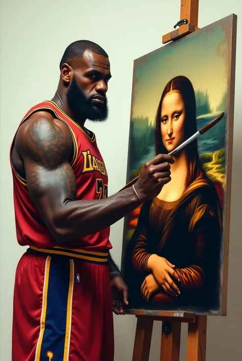 LeBron James with a huge brush painting A la Mona Lisa but the Mona Lisa has her face
