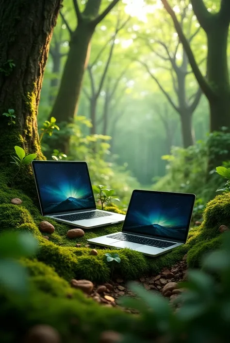  An image that combines a forest or a natural landscape with technological elements , such as computers and cell phones ,  symbolizing the union of nature and sustainable technology proposed by renting technology.