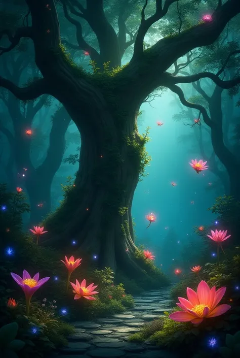  Create a magical forest with plants and bright lights and magical beings, in the middle there will be a tree trunk  
