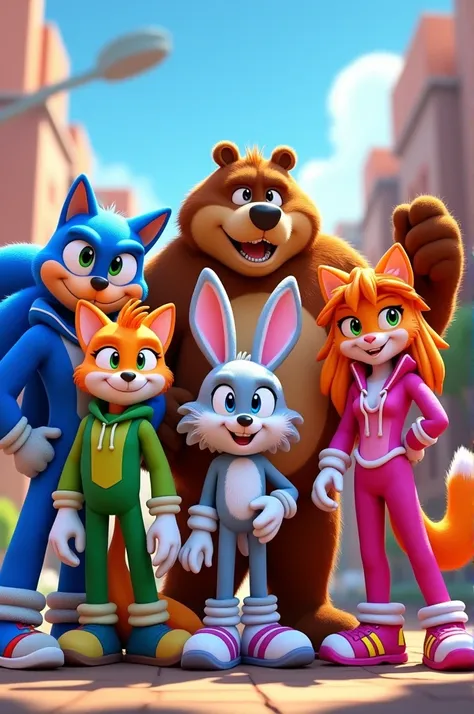  Create a group of main animal characters, Sonic boom style , cartoon:

 A male fox in blue clothes ,  along with a male rabbit in green clothes ,  along with a cheetah in orange clothes ,  a male bear in brown clothes ,  and a female cat in pink clothes 