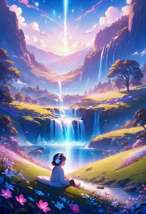 A dreamy, colorful landscape featuring a cute girl listening to music with large, stylish headphones. She sits on a glowing, serene hill, her figure only occupying 1/5 of the image, drawn in a toon-style. The background is a vibrant, magical scene with pas...