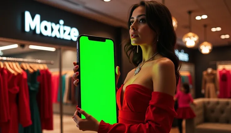  I WANT AN IPHONE 14 Pro Max with a green screen and a beautiful Brazilian woman holding her clothes, She is wearing a red dress and in the background a womens clothing store with the name  "Maxize Black " 