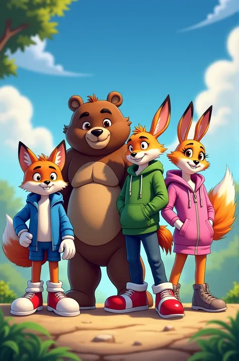 ((best quality)), ((masterpiece)), (detailed), Perfect FaceCreate a group of main animal characters, Sonic boom style , cartoon:

 A male fox in blue clothes ,  along with a male rabbit in green clothes ,  along with a cheetah in orange clothes ,  a male b...