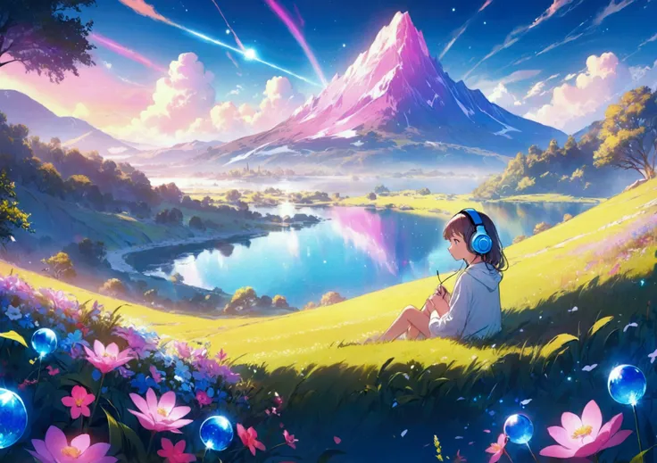 A dreamy, colorful landscape featuring a cute girl listening to music with large, stylish headphones. She sits on a glowing, serene hill, her figure only occupying 1/5 of the image, drawn in a toon-style. The background is a vibrant, magical scene with pas...