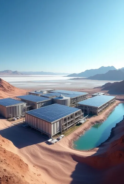  Create an image of a desalination plant that treats seawater , The environment must be arid like the region of Atacama Chile ,  this plant must be powered by solar panels taking advantage of sunlight