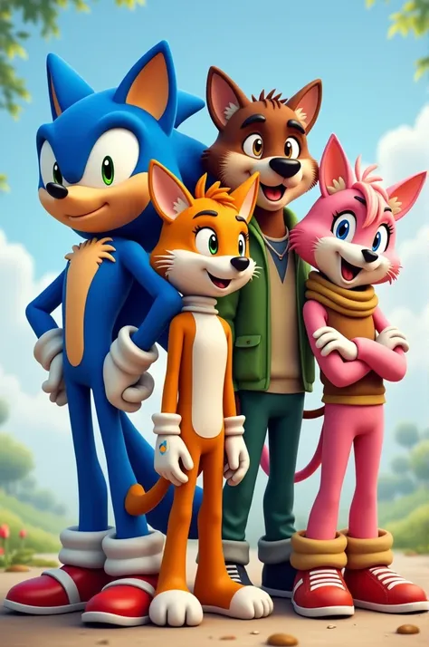 ((best quality)), ((masterpiece)), (detailed), Perfect FaceCreate a group of 5 main animal characters, Sonic boom style , cartoon:

 A male fox in blue clothes ,  along with a male rabbit in green clothes ,  along with a cheetah in orange clothes ,  a male...