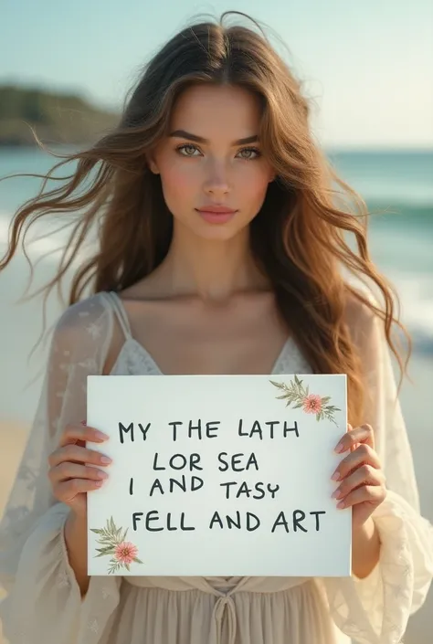  Beautiful girl with wavy long hair in a bohemian dress, holding a white board with writing "I Love Seaart Infinity" and showing it to the viewer