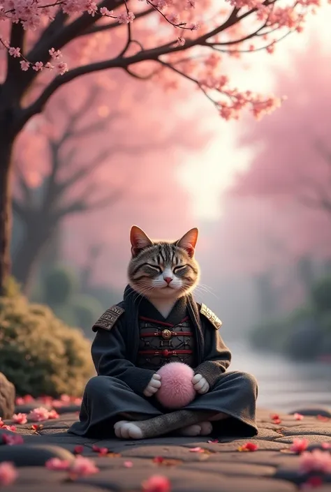 A samurai cat meditating under a cherry blossom tree, with a fluff toy ball resting on its lap, in a Japanese garden burning .