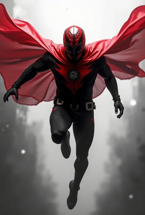   character in a costume that is flying through the air , black and white and red scheme ,  wearing red and black hero outfit , helmet with the emblem of the Santa Cruz soccer club team in a superhero costume