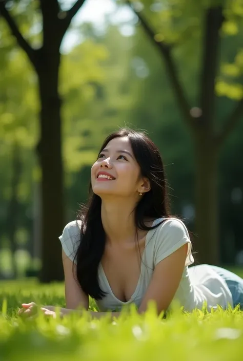 pose: Lying on the grass,  looking at the sky with a smile ,  her black hair forming a halo around her beautiful and with a perfect complexion.
Scenery:  Urban park with tall trees and fresh grass .
angle: camera directamente sobre ella, showing her radian...