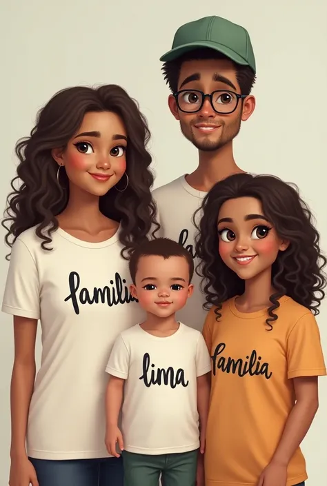 Two fair-skinned brunette girls, one of them with curly hair tied up and the other with loose curly hair, and a boy without a strong black beard wearing glasses and a cap and another tall skinny boy with glasses and a cap and a bald dark-haired baby all we...