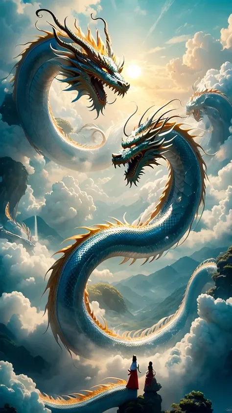 chinese dragon 、dragon god、 long like a snake、tang long 、 in a sea of clouds 、 spiritual 、 fantasy、 realistic pictures