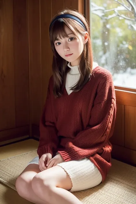 Precision photography. relaxing space .Japanese house･ Japanese-style room, tatami mat, cushion, winter, glass window, outdoor snow,(18-year-old girl. sitting on a cushion .Elegant sitting position,Warm clothes , Dark Red Knit Dress,Growing Up ,Elegance,De...