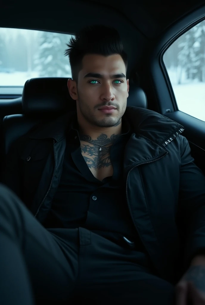 An attractive man ,  25 years old ,  black hair, ,  with some rebellious tufts , turquoise color eyes neon,  perfectly arched eyebrows ,  sensual lips and full lips ,  villainous features ,  athletic and muscular build, black shirt, pants, abrigo de  winte...