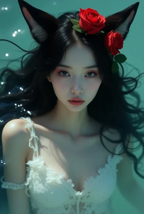 Black-haired girl and a red rose in her hair, pure white skin. 1 girl, dark eyes, hair with highlights,  absurdly long hair , ultra-reality, 4k image, fox ears, inside the water, front position,  High resolution .