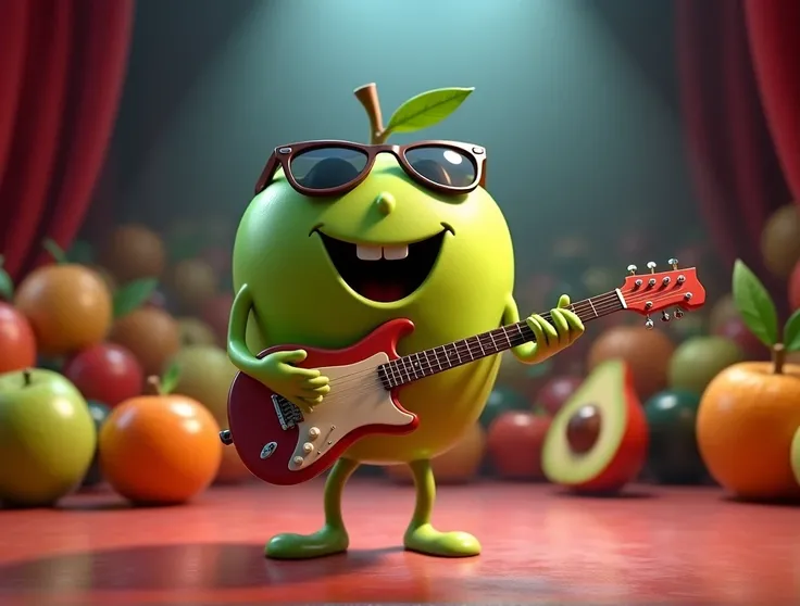 in disney style, pixar 3d, we see a green apple, it has arms and legs and also eyes, nose and mouth and is wearing sunglasses, playing the guitar. hes on a stage and the audience is full of fruit