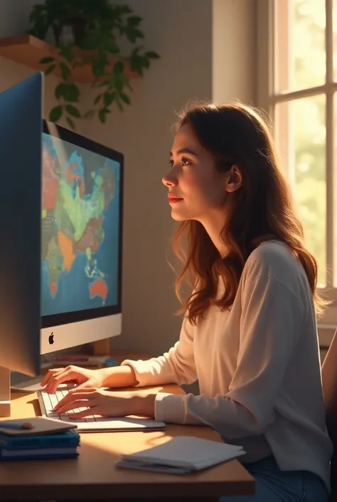 University student feels excited looking at her computer because she knows what to do with her project (happy)