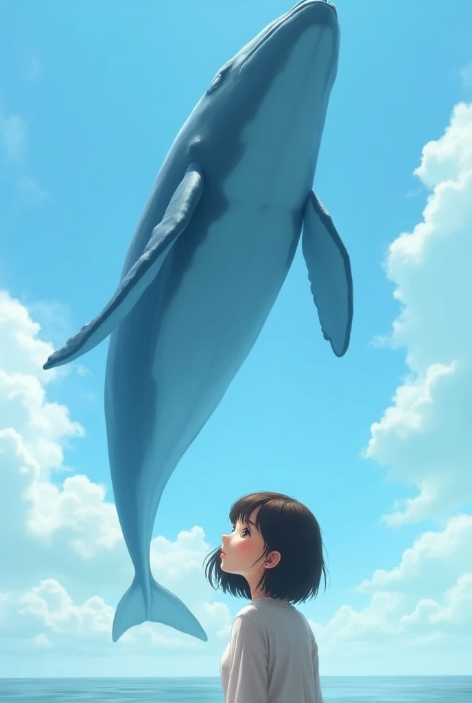 Woman with big eyes, brown eyes, slightly full cheeks, round face, shoulder length hair, dark brown hair, bangs equal to eyebrows, blue whale (a type of whale called the blue whale), woman looking at the giant whale, full body, wide angle, woman wearing a ...