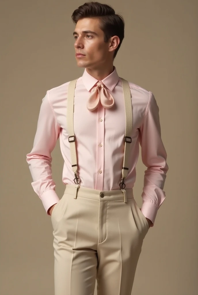  Please create an outfit for mens old pink long sleeve shirt, beige pants and tie and straps in pearl color 
