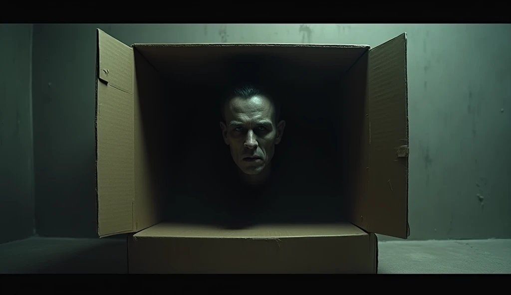 Mysterious and dark man coming out from inside a cardboard box creepy image 