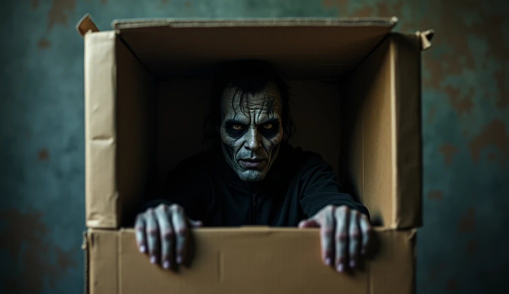 Mysterious and dark man coming out from inside a cardboard box creepy image 